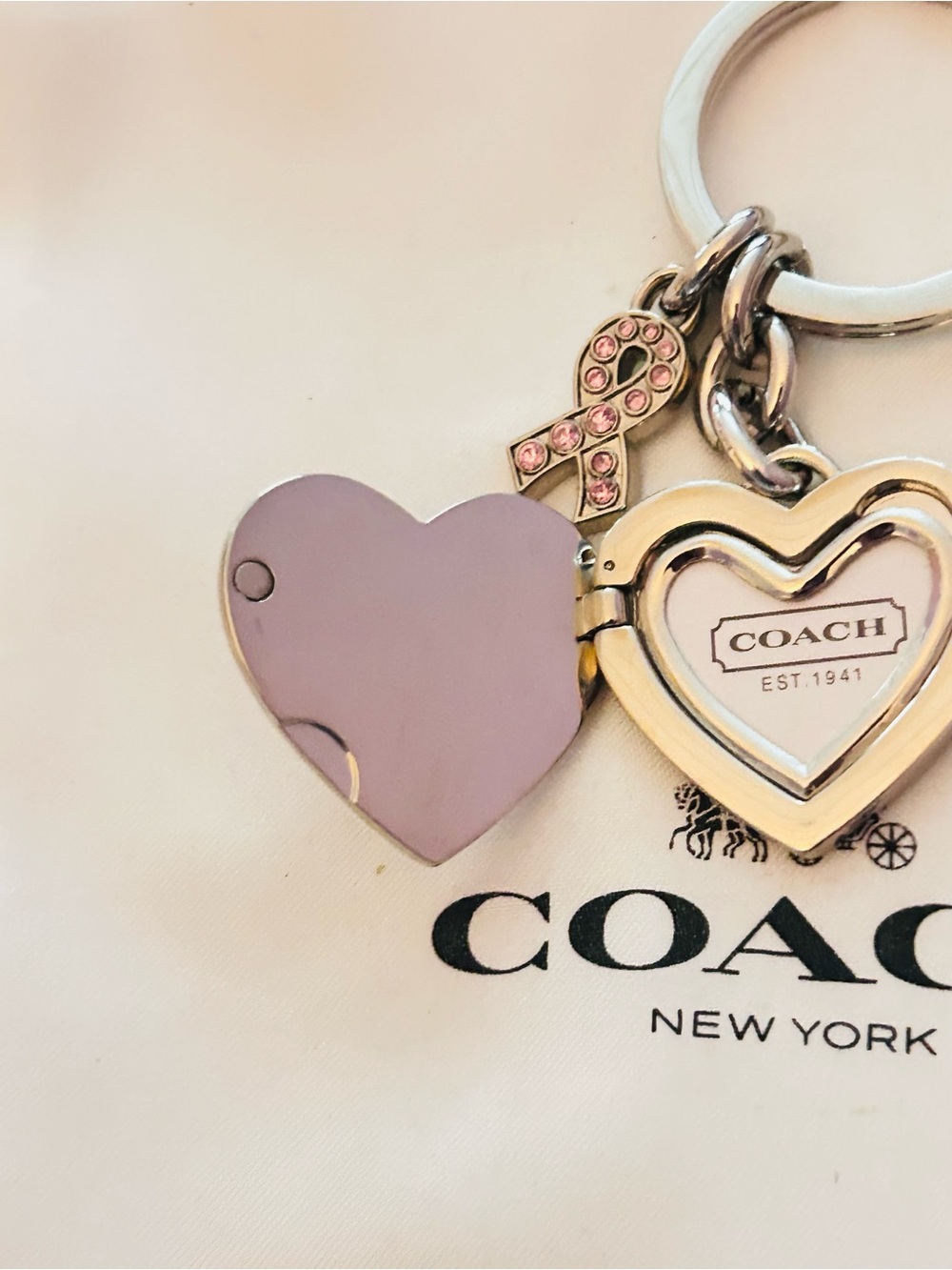 NWOT RARE Coach Y2K Cancer Awareness Heart Photo Keychain/ Bag Charm - Picture 13 of 14